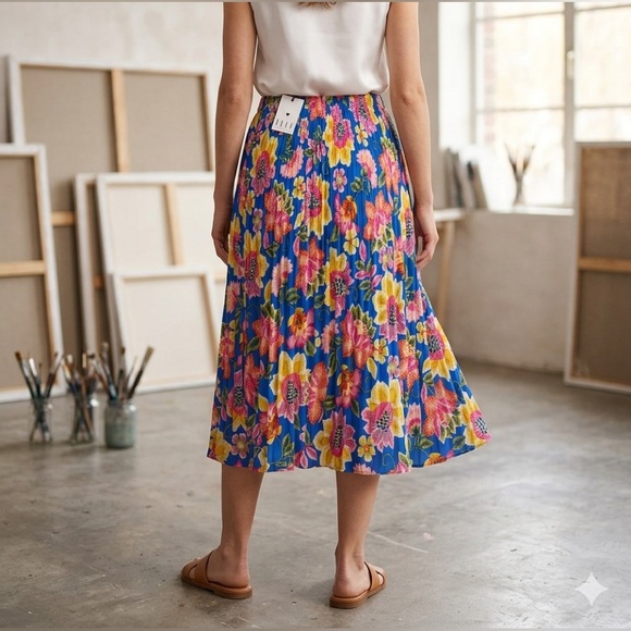 Elle Dresses & Skirts - Elle Blue Floral Midi Skirt with Pink and Yellow Blooms